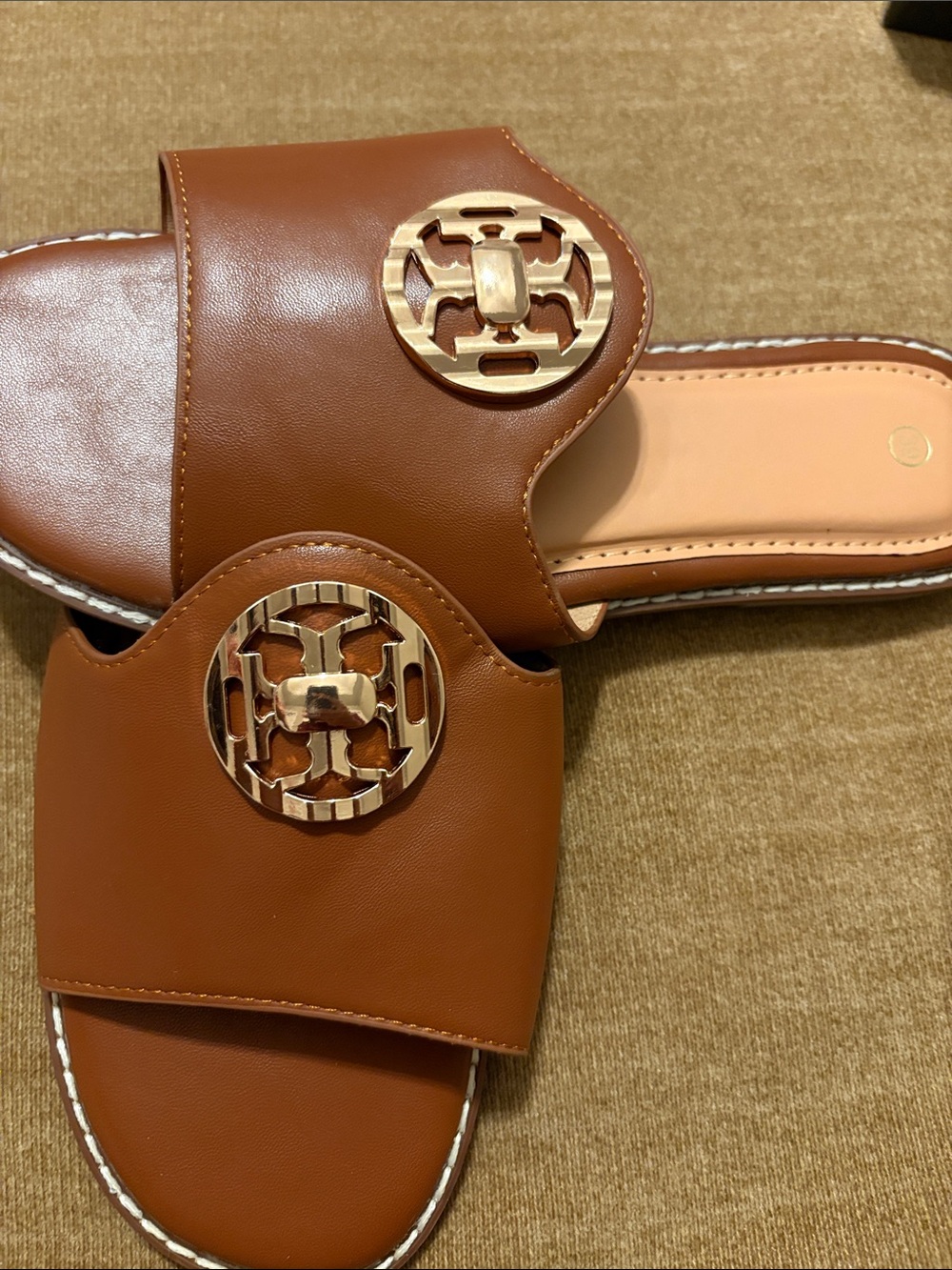 Women's Tan Slide Sandals with Gold Emblem